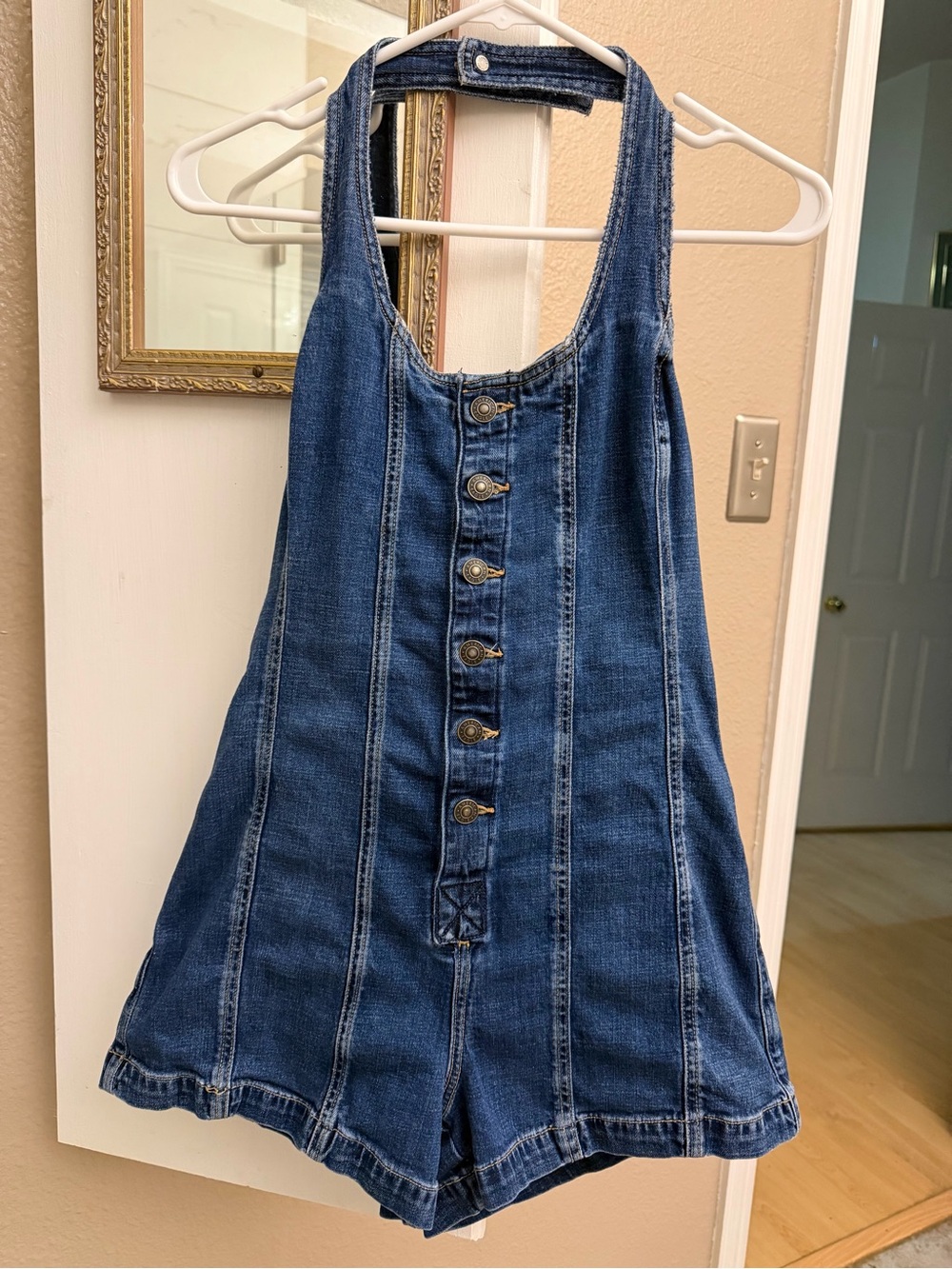 American Eagle Denim Button-Front One-Piece Romper in Dark Blue